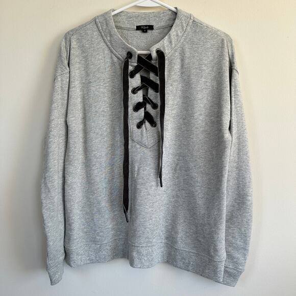 Rails Tops - Rails Ryan Pullover Sweater Velvet Lace Up Neckline Terry Fleece SMALL Grey